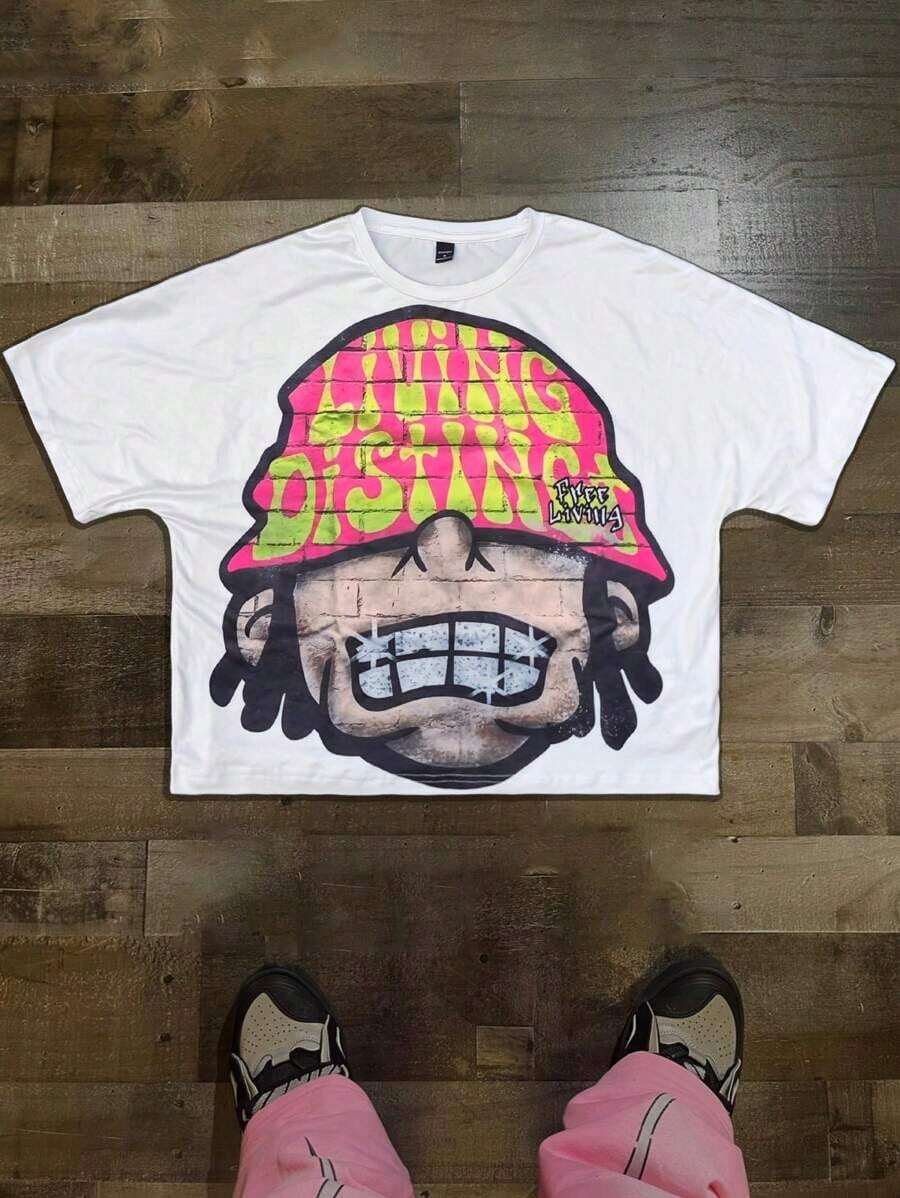 Manfinity Streetrush Men Vacation Round Neck Funny Graphic Short-Sleeved T-Shirt, Oversized Cartoon Head Pattern, Ins Street Loose Top, Boyfriend Gift - 白色 - 查看 1