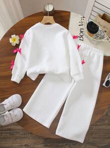 2pcs/Set Girls Solid Color Minimalist Style Cute Bow Decor White Long Sleeve Crew Neck Sweatshirt And Loose Casual Long Pants Set, Autumn/Winter 2025 New Arrival