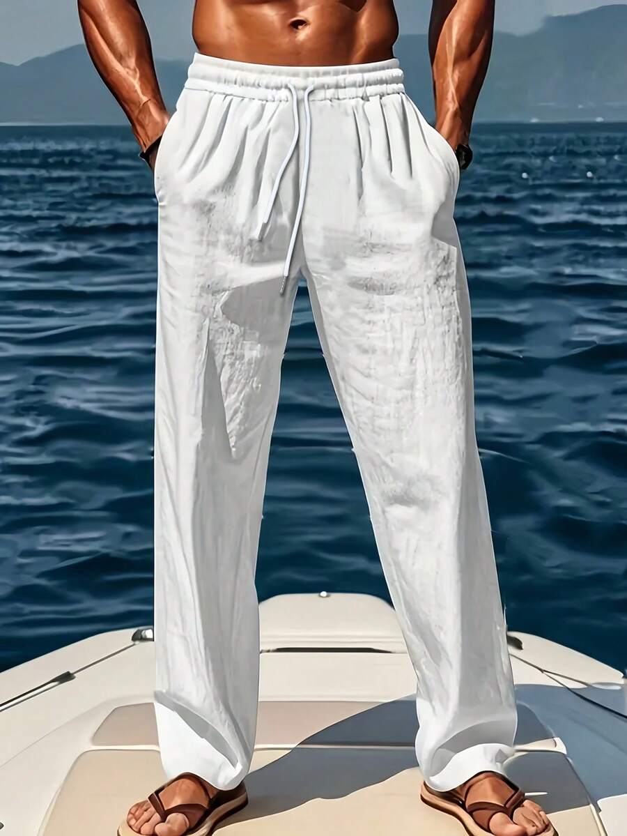 Men's Casual Straight Leg Pants, Lightweight Fabric, Elastic Drawstring Waist, Regular Fit, Fall - White - View 1