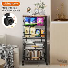 5 Tier Rolling Storage Trolley On Wheels, Large Capacity Kitchen Trolley, Mobile Utility Trolley With Wooden Table Top And Mesh Basket, Bathroom, Laundry Room