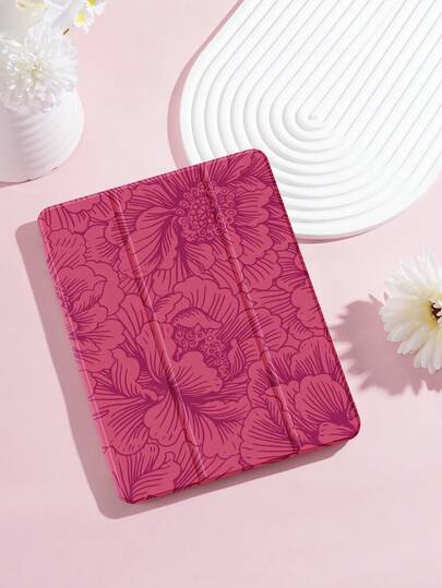 Funda protectora para tableta con patrón de línea floral de color rosa rojo, compatible con iPad 9.7/10.2/10.5/10.9/12.9/Pro 11 (10a generación), Galaxy Tab S6 Lite 10.4", Kindle Paperwhite (12a generación, lanzamiento de 2024), Kindle (11a generación), suave y a prueba de golpes, con función de soporte inteligente/activación y suspensión automática
