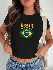 Brasil Stars Brazilian Flag Women's Fashion Short T-Shirt - Black - View 1