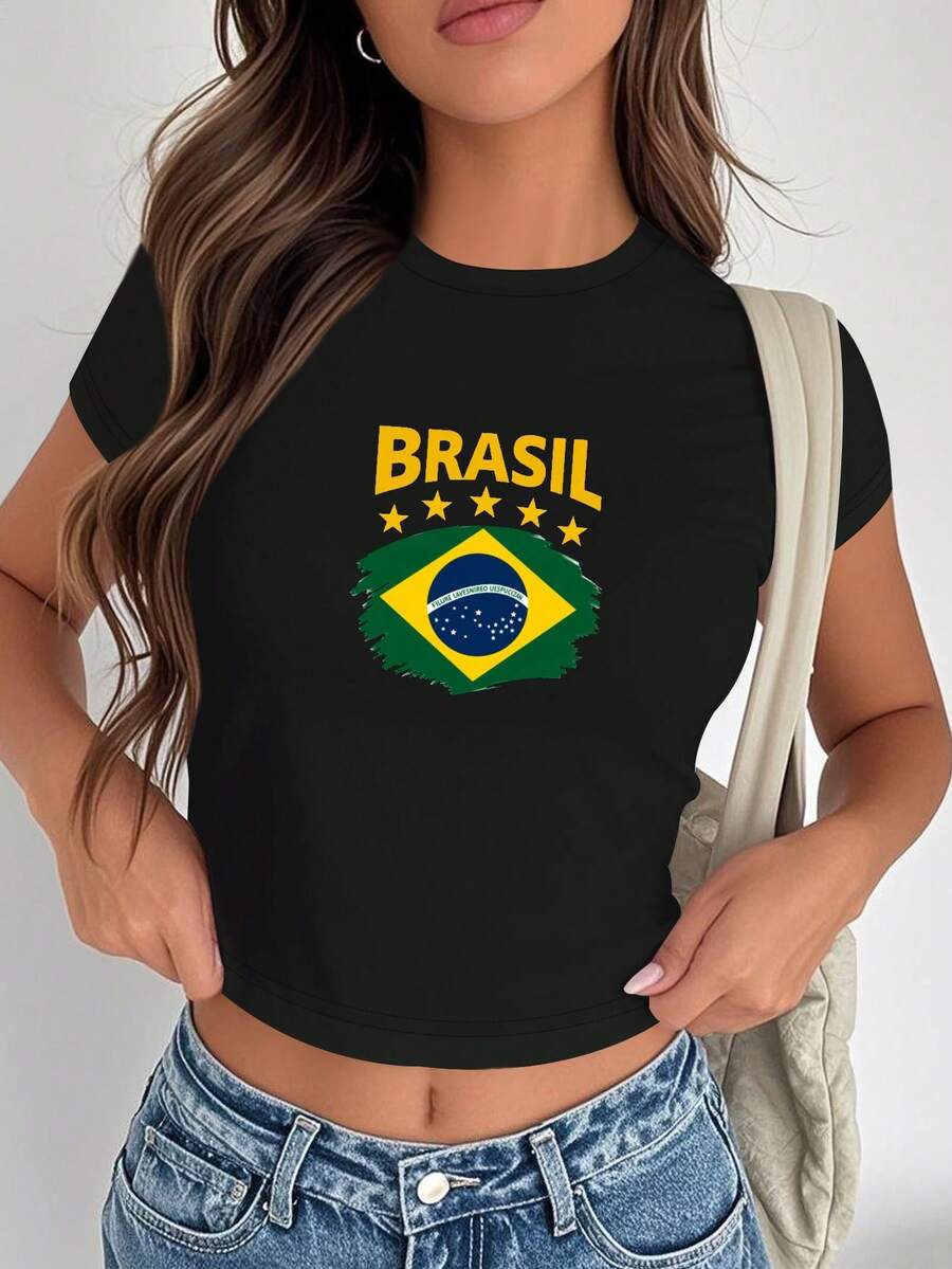 Brasil Stars Brazilian Flag Women's Fashion Short T-Shirt - Black - View 1
