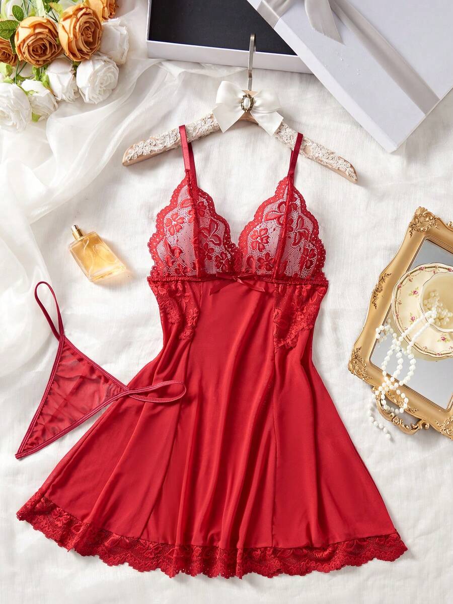 Women's Solid Color Mesh Contrast Lace Sheer Sexy Slip Nightgown - Burgundy - View 1