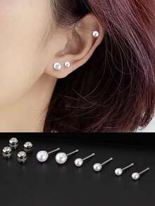 6 件百搭水钻不锈钢小珍珠锆石耳钉，适合女性日常佩戴（尺寸：4 毫米、5 毫米、6 毫米） - 銀色 - 查看 3