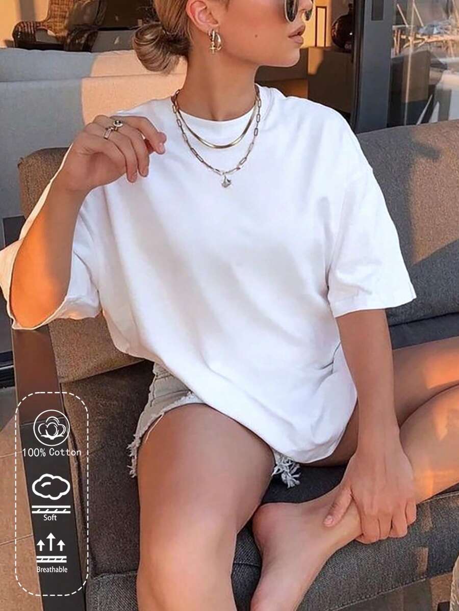 女士白色纯棉T恤，春夏新款，运动休闲设计，时尚透气舒适，短袖上衣 - 白色 - 查看 1