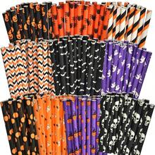 25pcs/50pcs/100pcs Assorted Halloween Paper Straws, 10+ Styles In Black, Orange, Purple Party Straws With Stripe, Wave, Polka Dot, Skull, Ghost, Bat, Pumpkin, Spider Patterns For Halloween Party, Birthday Party, Day Of The Dead, Color And Style Random