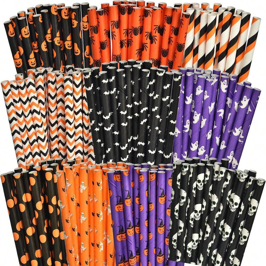 25pcs/50pcs/100pcs Assorted Halloween Paper Straws, 10+ Styles In Black, Orange, Purple Party Straws With Stripe, Wave, Polka Dot, Skull, Ghost, Bat, Pumpkin, Spider Patterns For Halloween Party, Birthday Party, Day Of The Dead, Color And Style Random