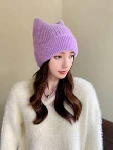 Gestrickte Mütze für Damen mit niedlichen Katzenohren, warmer Beanie, dehnbare Strickkomposition, lässige Outdoor-Mode, einfarbig, Polyester, Herbst/Winter