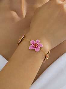 1pc Summer Vacation Style Elegant Pink Oil Drop Flower Shaped Women's Five-Leaf Bracelet, Wedding Gift