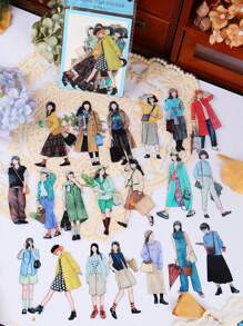 40张韩式卡通人物时尚PET贴纸，休闲时光系列4包卡通贴纸，风景装饰，剪贴簿DIY材料，自粘剪贴簿用品文具