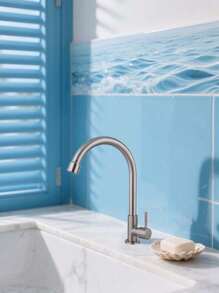 Clásica Llave Individual de Acero Inoxidable, Grifo de Agua Fría para Fregadero, Cuello de Salida de Agua en Arco Giratorio 360°, Aplicable para Lavabos de Baño y Fregaderos de Cocina - Plateado - Ver 2