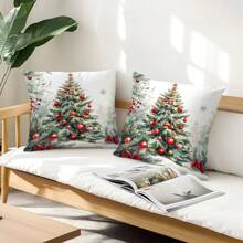 2pcs Christmas Tree Printed Pillow Cover Set - Peach Velvet Pillow Case 45*45cm