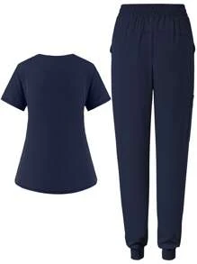 Women's Matte Stretch Jogging Nurse Uniform Scrub Top And Pants Set With Pockets, Breathable Brush Hand Clothing