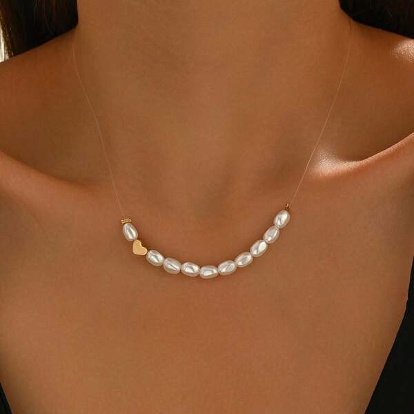 1 pièce Collier décoratif en forme de cœur élégant à la française, Ras-de-cou romantique avec faux perles