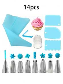 14件套不锈钢裱花嘴和蛋糕转盘套装，8个裱花嘴，1个可重复使用的裱花袋，1个转换器，1个奶油挤压器，3个奶油刮刀，不锈钢蛋糕装饰用品套装，糖霜裱花嘴，裱花袋，转换器和刮刀，蛋糕装饰，裱花嘴，糕点，纸杯蛋糕，烤盘装饰，烘焙工具，裱花工具，蛋糕工具，厨房小工具，多功能蛋糕烘焙工具，以及奶油，适合制作生日或日常家庭纸杯蛋糕。 - 彩色 - 查看 12