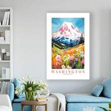 Framed Canvas Washington Travel Print Evergreen State Souvenir Blue Pink Orange Wall Art Retro Poster Mountains Landscape  Room Decor - 框架 - 查看 4