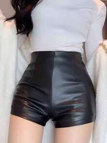PU pantalones cortos de las mujeres verano / otoño picante chica de cintura alta delgada pantalones ajustados calientes - Negro - Ver 2