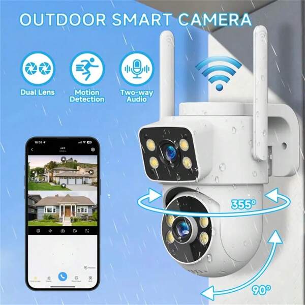 1 pieza Cámara de seguridad WiFi de doble lente de 2.4G/5GHz para el hogar, con detección de movimiento humano, alarma inteligente AI, visión nocturna a color, audio bidireccional, resistente al agua IP65, compatible con almacenamiento en tarjeta Micro SD para monitoreo interior/exterior