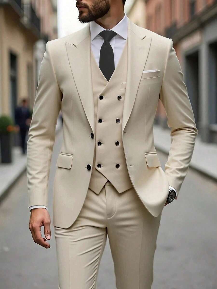 Conjunto de traje de 3 piezas de moda para hombre, con ajuste ceñido, de unicolor y elástico, que incluye chaleco cruzado, pantalones y traje formal/de negocios para cena - Beis - Ver 1