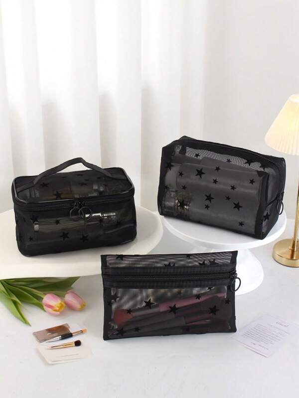 3pcs/Set Large Capacity Fashionable Minimalist Transparent Hollow Mesh Cosmetic Bag, Suitable For Travel, Outdoor, Home Use
