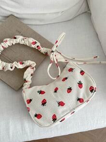 1个可爱草莓印花女童单肩包，抽绳设计，儿童休闲包，零钱包，多功能轻便便携，拉链封口，适合日常收纳、旅行、购物、儿童户外活动、超市购物、节日礼物、送给女儿的礼物，时尚灯芯绒清新甜美休闲包，钥匙扣，适合儿童、学生、女孩、青少年、闺蜜旅行配件 - 彩色 - 查看 10