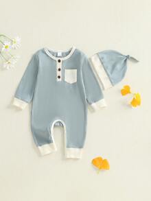 Baby Boy Fall Romper Contrast Color Ribbed Long Sleeve Round Neck Full Length Jumpsuit With Hat Newborn Fall Clothes - Sky Blue - View 3