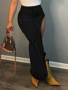 Women's Tight And Sexy Denim Skirt With Asymmetrical Slit And Pockets, Elastic Wrap Around The Hips, Tight And Fashionable Versatile Women's Denim Skirt - 黑色 - 查看 5