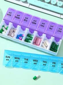 1 Pc A Must-Have Medicine Box For Travel! Double-Row Design With Lid And Compartments, PP Plastic Material Is Safe And  Friendly, Suitable For Taking In Cars, Going Abroad, And Traveling, And It Is Super Convenient To Classify And Store Medicines - 藍色 - 查看 2