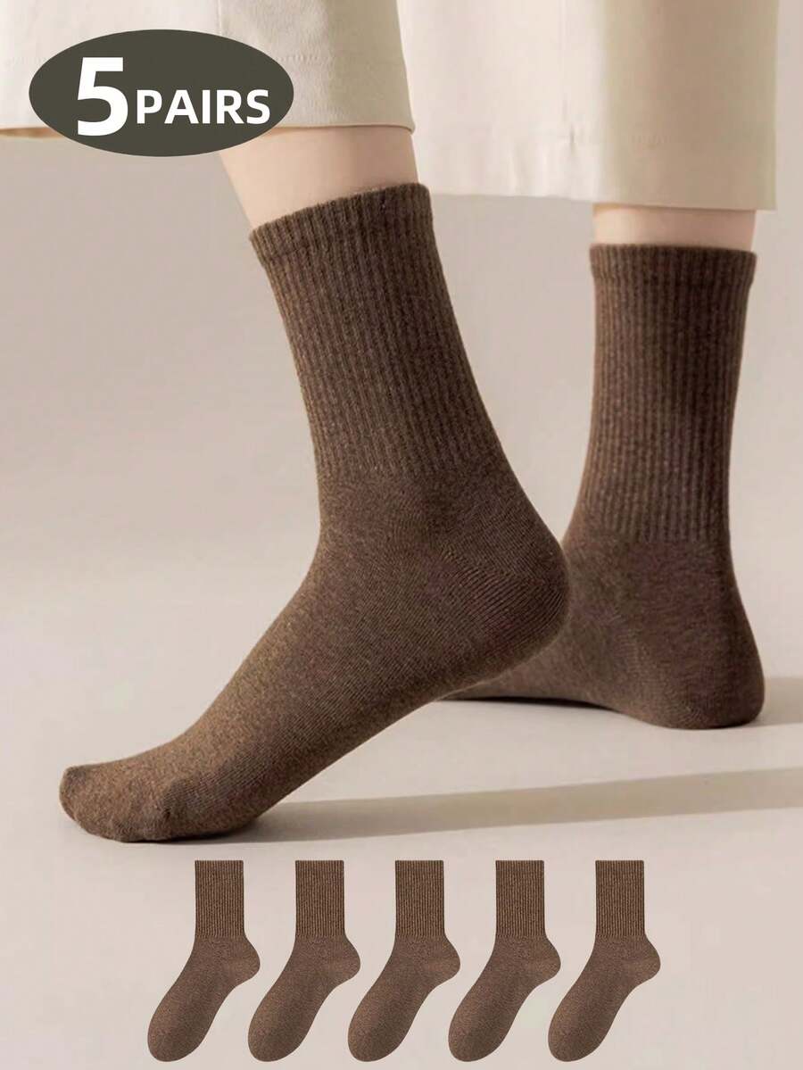 1 Đôi/5 Đôi Tất dài đến bắp chân màu cà phê, thường ngày, thời trang, thoải mái, tối giản, cổ điển, đa năng dành cho nữ - Cà phê nâu - Xem 1
