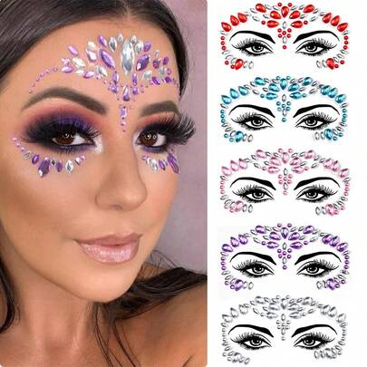 3D Self-Adhesive Face Diamond Face Stickers Tattoo- Colorful Resin Glitter Decals, Perfect For Parties, Masquerades, Music Festivals, And Everyday Charm, Featuring Vibrant Gem Designs.
