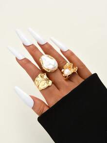 3 件复古不对称金属金色抽象戒指，巴洛克仿珍珠装饰戒指，可堆叠厚珠宝套装，适合女性日常和各种派对装饰、时尚服装搭配、节日礼物