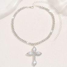 Luxury Fully Rhinestone Zirconia Cross Pendant Necklace, Suitable For Party, Wedding, Sparkling Necklace Accessory