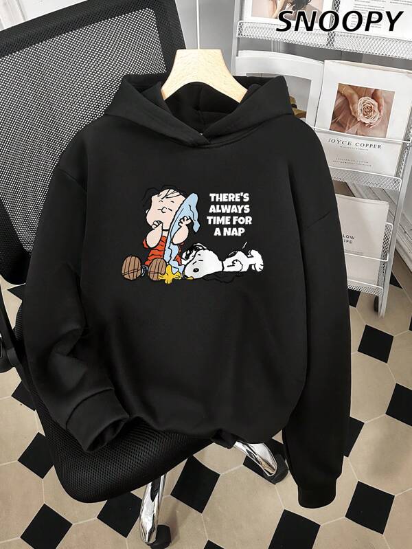 SNOOPY Siempre hay tiempo para una siesta, Charlie Brown. Sudadera casual minimalista para mujer con estampado de cómic del cachorro Snoopy, cuello redondo, tejido suelto