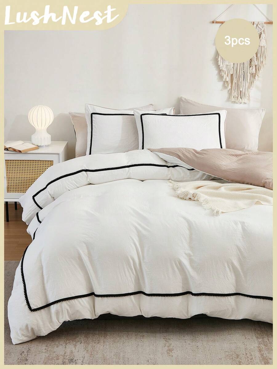 3pcs White & Camel Bedding Set, Black Mini Pom Pom Decor Duvet Cover, Bohemian Farmhouse Style Bedding Set, Includes 1 Duvet Cover With Zipper, 2 Pillow Shams, No Comforter Filler, Soft & Lightweight Microfiber, Suitable For Students