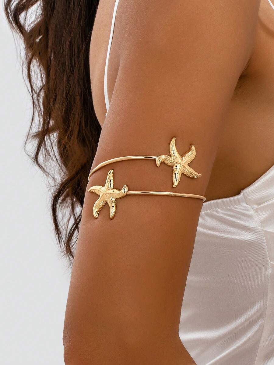 1pc Fashionable Casual Starfish Arm Cuff Bracelet, Beach Resort Accessory For Women - Gold - View 1