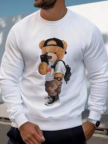 K-GLORY Men's Cute Cartoon Bear Print Crew Neck Sweatshirt, For Autumn/Winter - White - View 4