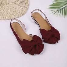 Women's Fashion Cute Burgundy Bow Decor Adjustable Flat Pointed Toe Sandals
