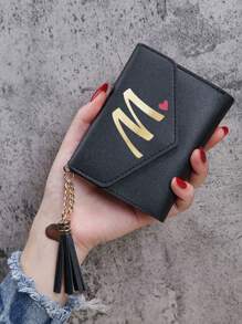 1pc Women's Folding Short Wallet, Black PU Leather Material, Printed With A-Z Letters And Pink Hearts, Cute Girl Coin Purse, Fashion Ladies Card Holder, Mini Tassel Wallet, Waterproof And Portable, Large Capacity, Can Hold Credit Cards, ID, Cash, Etc. - Black - View 4