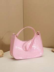 1 Stück Mini einfarbige, vielseitige Krokodilmuster PU Reißverschluss Schulter Unterarm Tasche, modisch und einfach, glänzende Schultertasche, koreanischer Stil, personalisiert, geeignet für den täglichen Gebrauch, sehr attraktive Tasche, geeignet für den täglichen Gebrauch von Mädchen