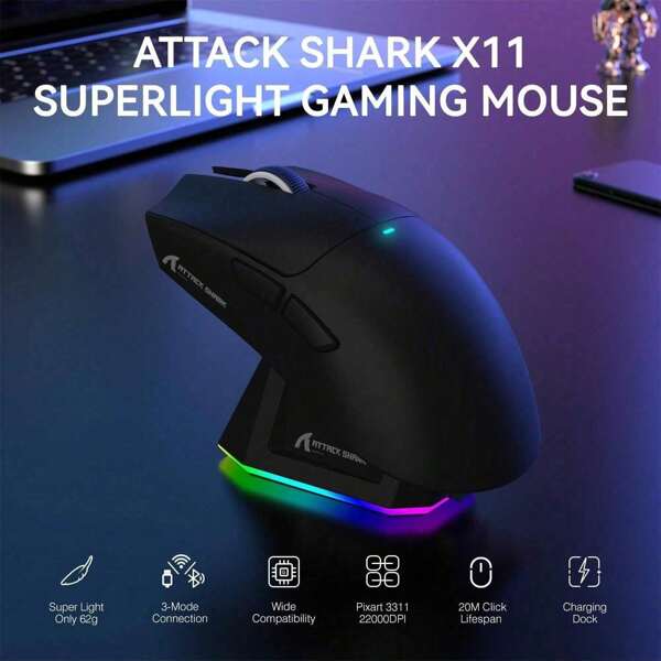 ATTACK SHARK X11 Lightweight Wireless Gaming Mouse, 3-Modes - 2.4G/USB-C Wired/Bluetooth, With RGB Charging Dock, PAW3311 Optical Sensor, 22K DPI, Huano White Dot Micro-Switch, 5 Programmable Buttons, Compatible With PC/