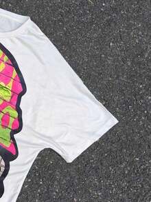 Manfinity Streetrush Men Vacation Round Neck Funny Graphic Short-Sleeved T-Shirt, Oversized Cartoon Head Pattern, Ins Street Loose Top, Boyfriend Gift - 白色 - 查看 3