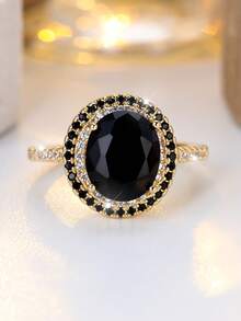1 chiếc nhẫn nữ mạ vàng zirconia tổng hợp màu đen hình bầu dục thanh lịch, thích hợp cho lễ hội, tiệc tùng, đeo hàng ngày, phụ kiện bền và hợp thời trang - Vàng - Xem 2