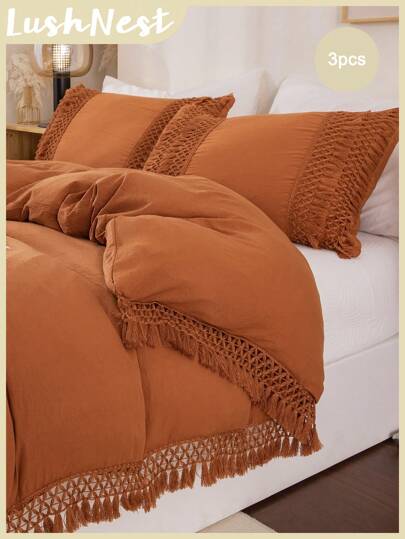 Burnt Orange Duvet Cover Set 3 Pieces Tassel Fringe Farmhouse Boho Bedding Set Ultra Soft Breathable Microfiber Tassel Fringed Comforter Cover Terracotta Shabby Chic Bedding Set For Boys Girls 1 Duvet Cover 2 Pillowcases No Comforter