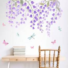 2 件紫色花卉藤蔓和蝴蝶墙贴，装饰性自粘壁画，适用于客厅、入口、卧室