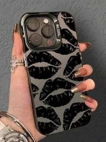 1pc IMD Material Transparent Black Phone Case With Camera And Black Lipstick Pattern, Compatible With IPhone11/12/13/14/15/15pro/15plus/15promax/7plus/8plus/X/Xsmax/Xr/11pro/12pro/13pro/14pro/12mini/13mini/11promax/12promax/13promax/14promax/14plus/6/6s/6plus/7/8/Se Waterproof Shockproof Anti-Fall Scratch Resistant - Black - View 1