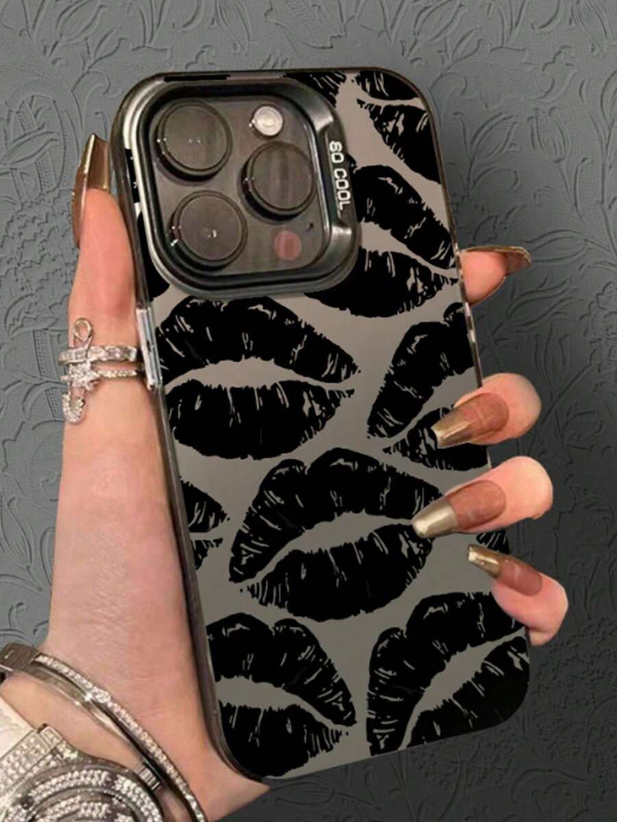 1pc IMD Material Transparent Black Phone Case With Camera And Black Lipstick Pattern, Compatible With IPhone11/12/13/14/15/15pro/15plus/15promax/7plus/8plus/X/Xsmax/Xr/11pro/12pro/13pro/14pro/12mini/13mini/11promax/12promax/13promax/14promax/14plus/6/6s/6plus/7/8/Se Waterproof Shockproof Anti-Fall Scratch Resistant - Black - View 1