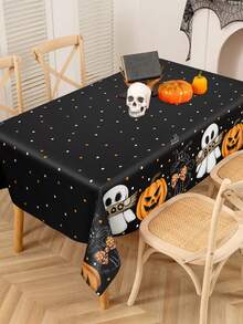 1pc Black Halloween Theme Decorative Tablecloth, Ghost Pumpkin Black Cat Pattern PE Material Halloween Tablecloth, Happy Halloween Decorative Tablecloth, Halloween Cabinet Decoration Cover, Dining Table Centerpiece Decoration Tablecloth Set, Halloween Event Decoration Table Runner, Outdoor Party Disposable Tablecloth - Halloween Pumpkin Ghost Black Background - View 7