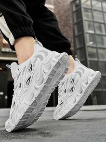 男士透气网眼休闲火焰图案运动鞋，软底轻便青少年运动跑步鞋，红色