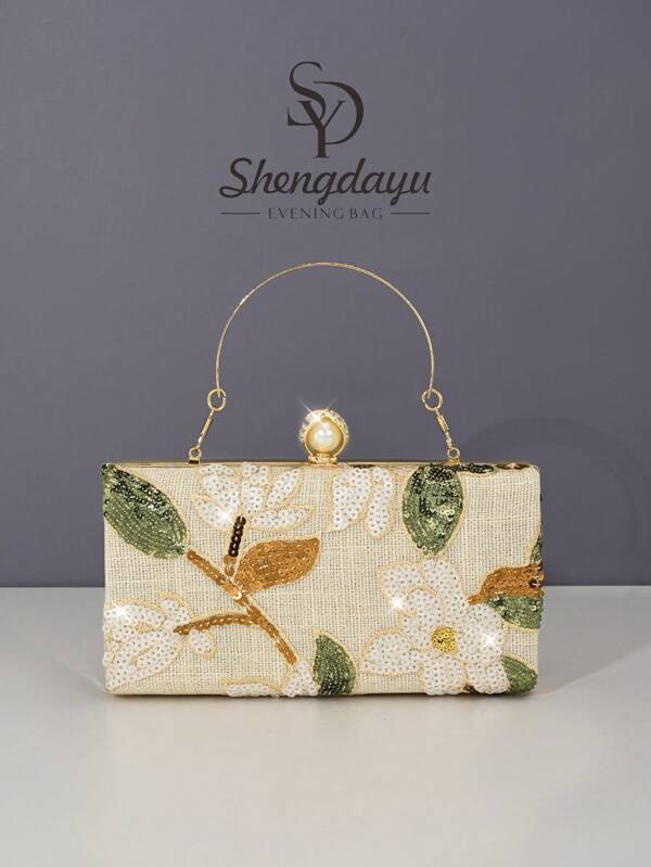 1pc SHENGDAYU New Women's Floral Pattern Handbag, Fashionable Retro Apricot Sequin Embroidered Flower Chain Dinner Bag, Mini Box Bag For Party Girls, Brides, Newlyweds And White-Collar Parties, Dances, Weddings (Random Pattern), Suitable For Work, Business Trips, Outings, And Commuting. Floral Bag